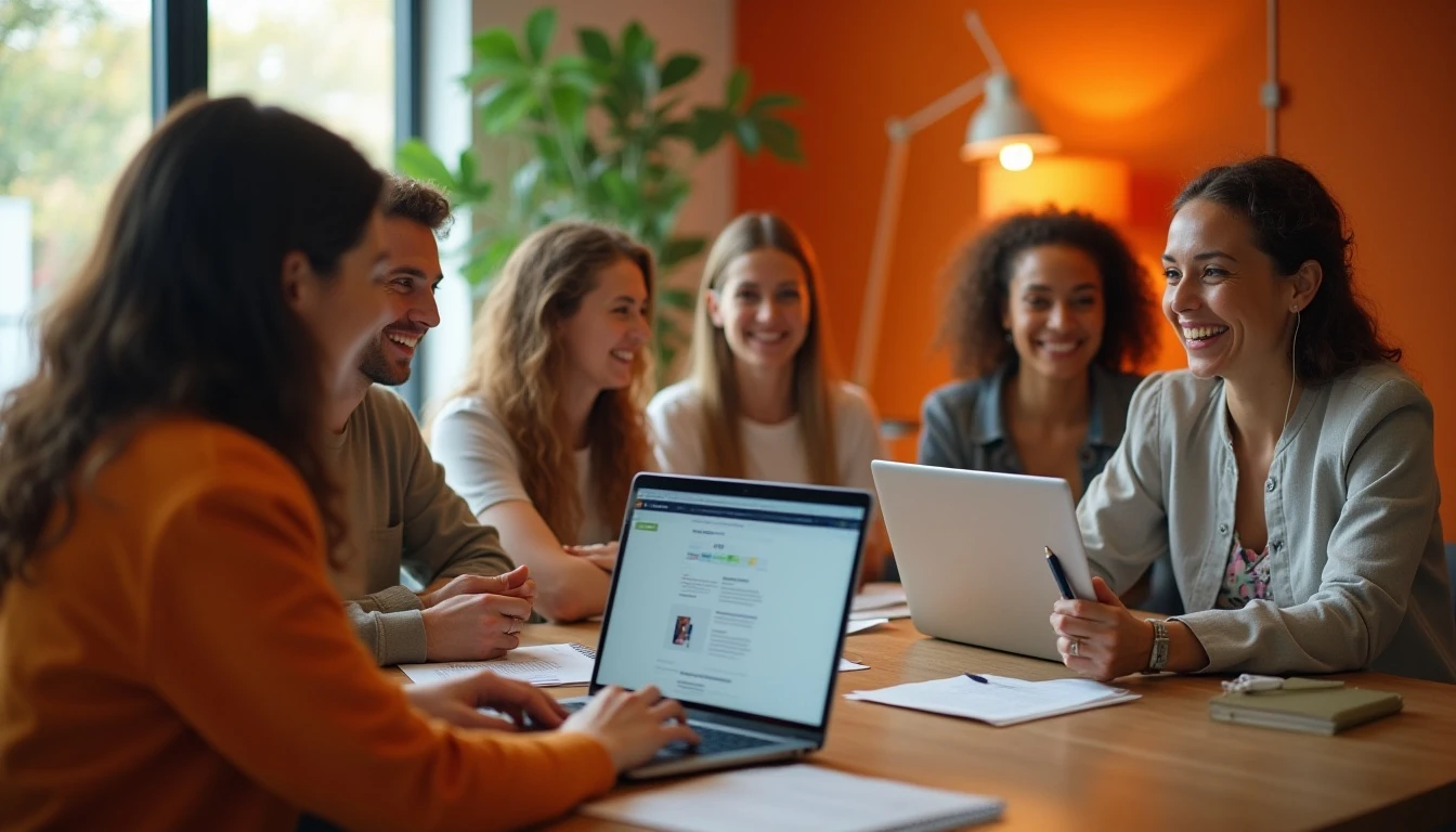 Equipe de profissionais felizes e engajadas no trabalho participando de uma reunião em ambiente moderno e acolhedor, promovendo o engajamento no trabalho.