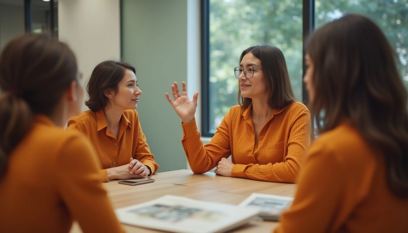 Reunião em equipe de mulheres discutindo estratégias de gestão de pessoas em ambiente de escritório.