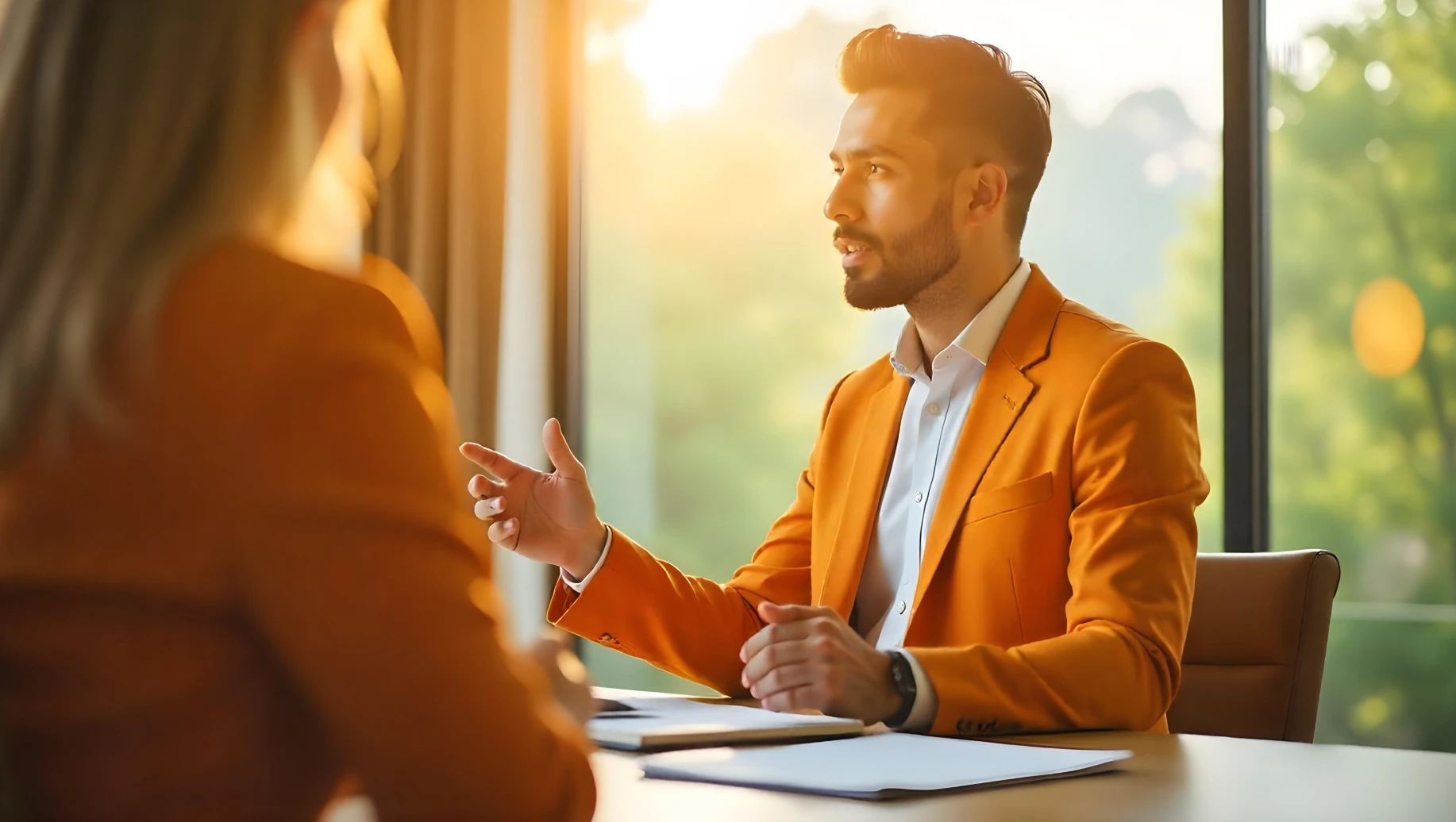 Homem de negócios em uma reunião de trabalho, usando terno laranja, conversando com uma colega em ambiente corporativo com janela ao fundo com vista para natureza.