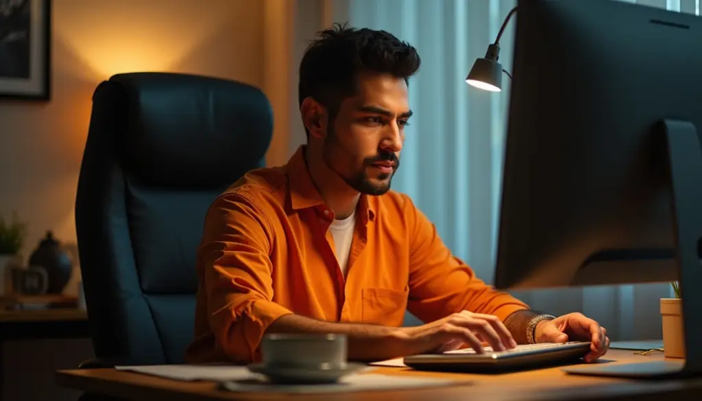 Homem trabalhando no computador em casa, ilustrando a importância do Descanso Semanal Remunerado (DSR) para evitar sobrecarga e garantir bem-estar.