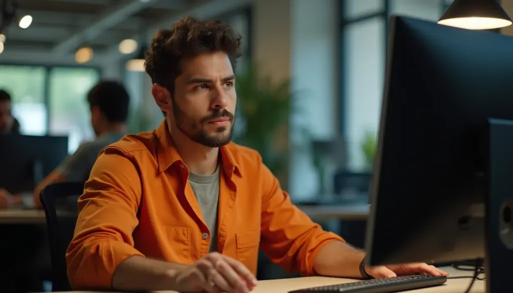 Homem concentrado trabalhando em escritório, ilustrando a importância do descanso semanal remunerado (DSR) para a produtividade.