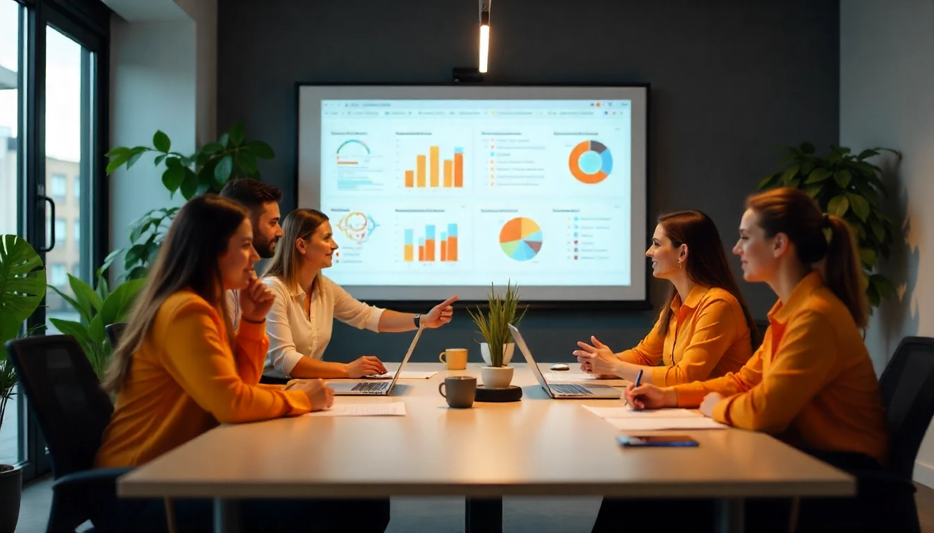 Reunião de profissionais de RH em uma sala de reunião moderna analisando indicadores de recursos humanos exibidos em uma tela digital, incluindo gráficos e gráficos de pizza.