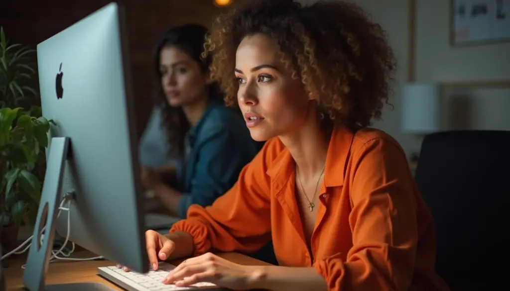 Duas mulheres trabalhando em escritório, uma delas focada em computador, evidenciando a importância do descanso semanal remunerado (DSR) para a produtividade.