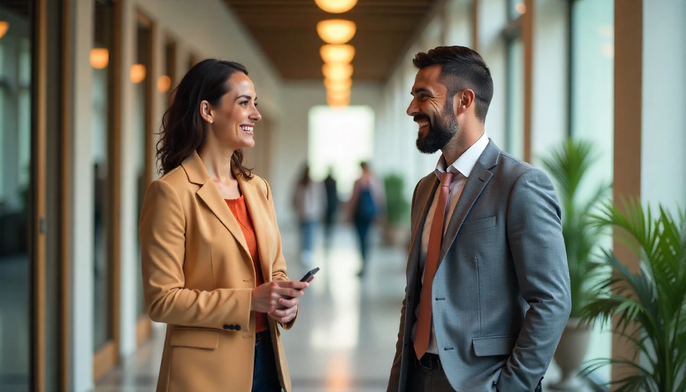 Duas pessoas conversando em um corredor de empresas, representando um processo seletivo, com sorriso e postura profissional, em ambiente corporativo moderno.
