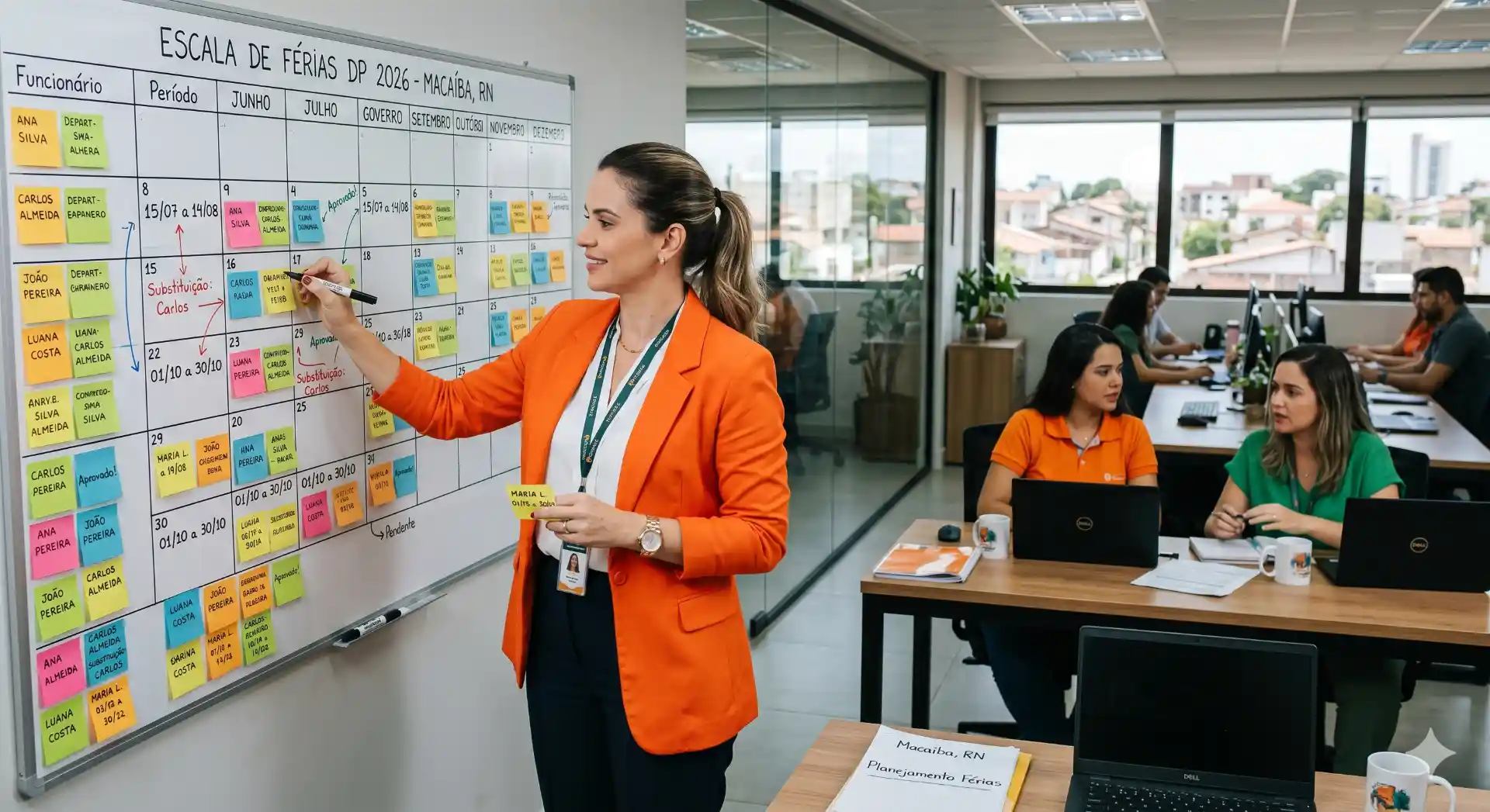 Profissional de recursos humanos organizando planejamento de férias na prática em ambiente de escritório moderno, elemento essencial para gestão de férias na prática que todo departamento de pessoal deve dominar.