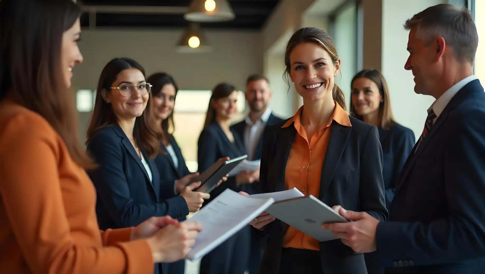 Grupo de profissionais de RH e TI em reunião de equipe, sorrindo e trocando documentos em ambiente corporativo moderno