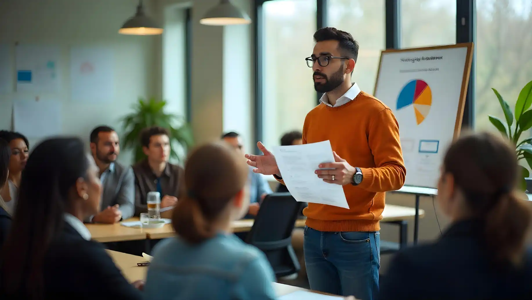 Homem apresentando dados em uma reunião de negócios, com um público atento e uma apresentação visual ao fundo sobre desafios de qualificação, em um ambiente corporativo moderno.
