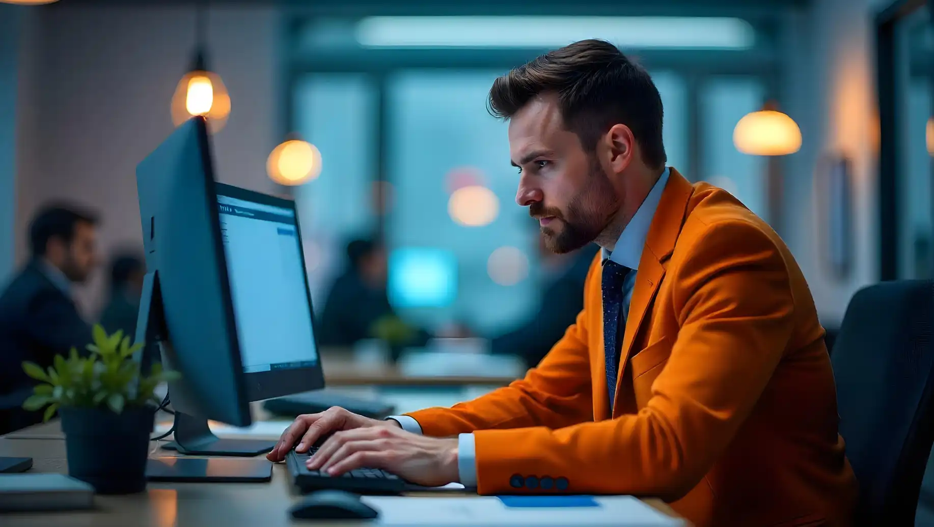 Homem profissional em produtividade no trabalho, trabalhando em escritório moderno com computador, usando terno laranja, ambiente de coworking com iluminação aconchegante.