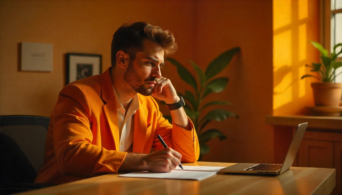 Homem pensativo trabalhando em escritório, representando silêncio organizacional e reflexão no ambiente corporativo.