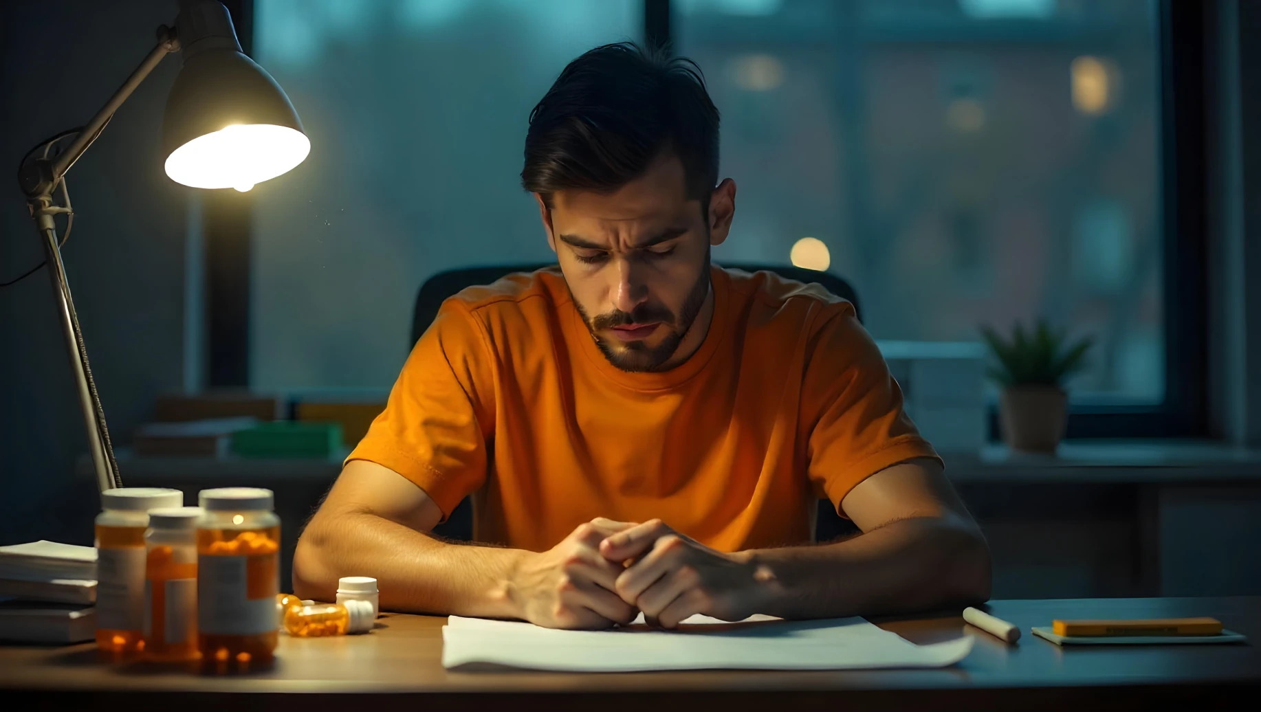 Homem jovem pensando e se preocupando com medicação, medicamentos e tratamentos médicos, sentado em uma mesa de casa ou escritório à noite.