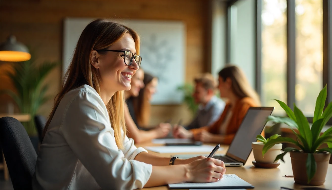 Sessão de onboarding com equipe de trabalho em ambiente moderno, colaborativo, com pessoas sorrindo, usando computadores e participando de treinamento.