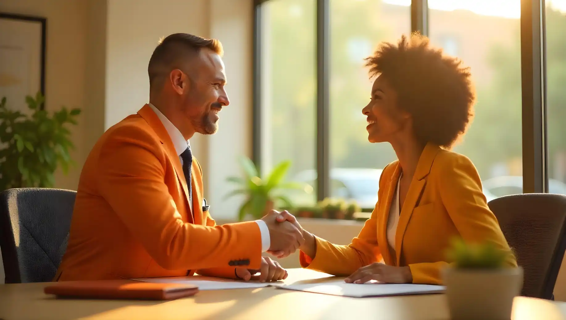 Homem e mulher de negócios sorrindo e se cumprimentando com um aperto de mãos em um recrutamento e seleção, transmitindo profissionalismo e confiança