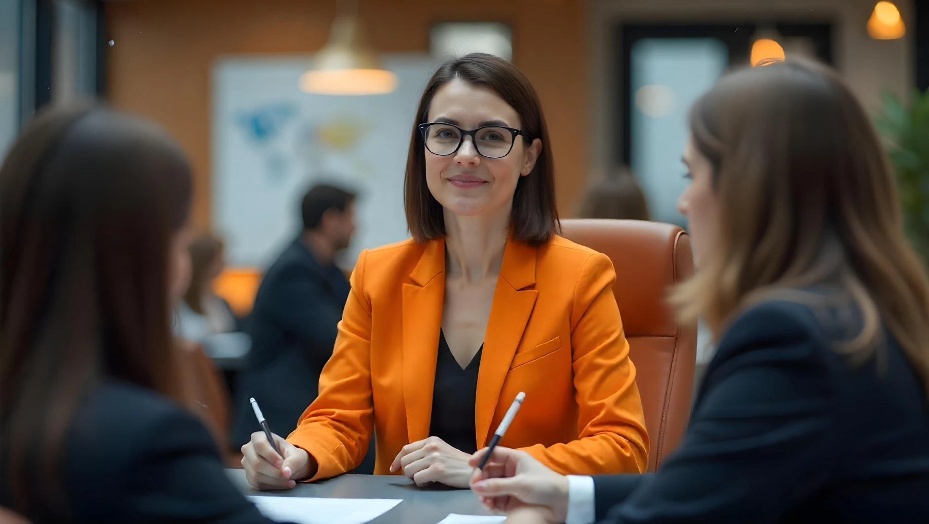 Mulher de negócios com óculos e blazer laranja participa de reunião de negócios, demonstrando liderança e profissionalismo em no futuro do RH.