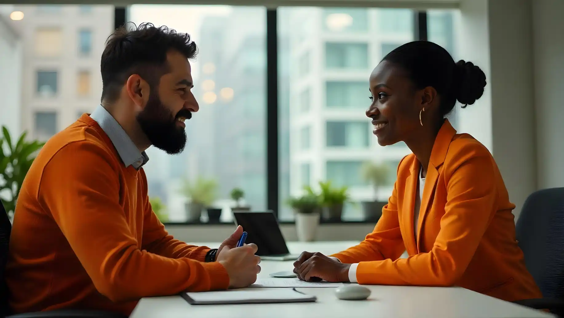 Homem e mulher sorrindo em exame demissional de negócios, usando roupas laranja, com fundo de janela e sala moderna, transmitindo parceria e sucesso profissional.