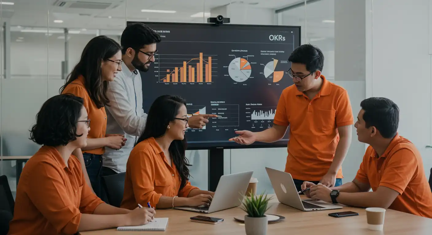 Equipe de profissionais discutindo estratégias de OKRs em reunião, usando uma tela com gráficos e dados para entender melhor o que é OKR e como implementar essa metodologia.