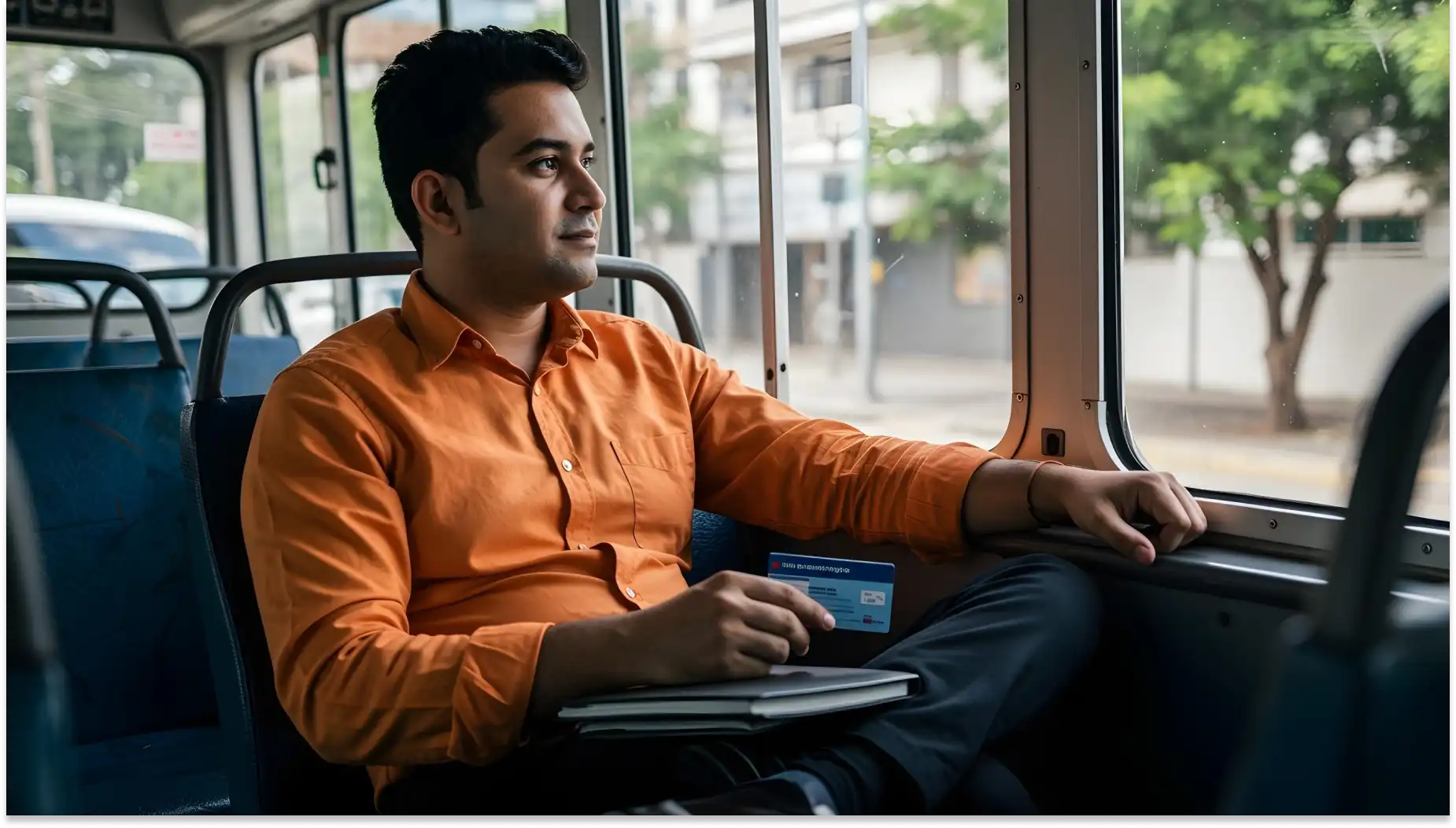 Homem sentado em ônibus, olhando pela janela enquanto segura um cartão de vale-transporte e um notebook no colo, trajando camisa laranja, em viagem urbana.