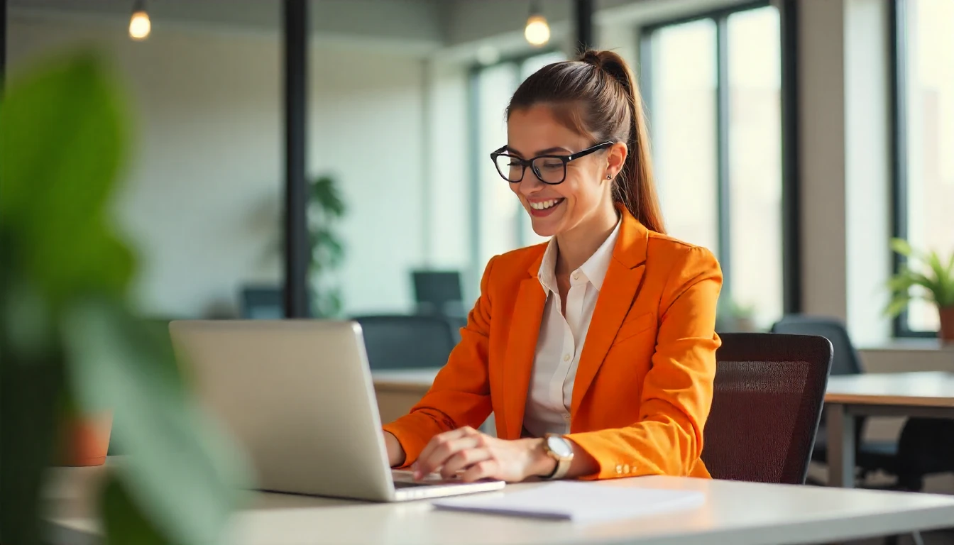 Mulher sorridente em ambiente de escritório usando laptop, representando melhorias de setembro com produtividade e otimismo.