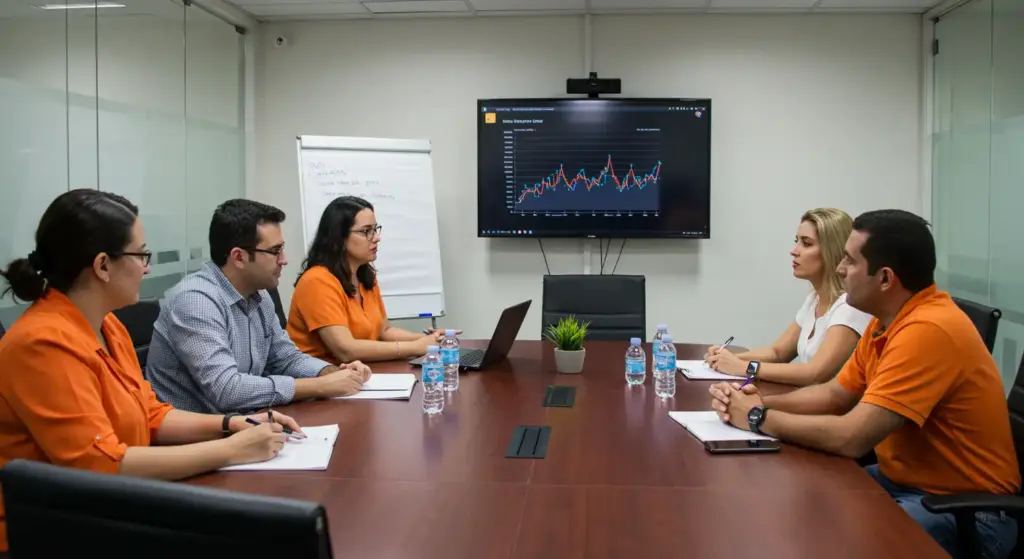 Reunião de profissionais discutindo o Salário-família 2025 em uma sala moderna, com uma tela exibindo gráficos e informações sobre o benefício social.