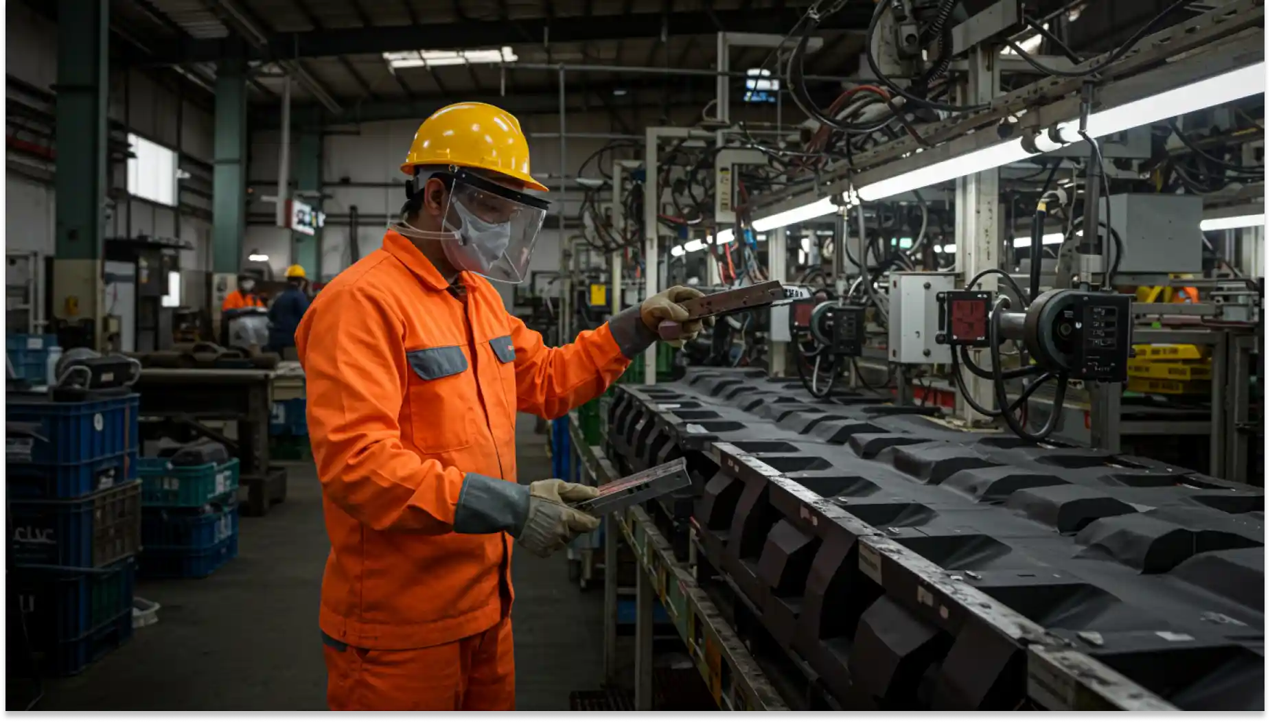 Trabalhador em uma fábrica de manufatura usando equipamento de proteção, ou EPI, incluindo capacete amarelo e uniforme laranja, inspecionando peças em uma linha de produção industrial.