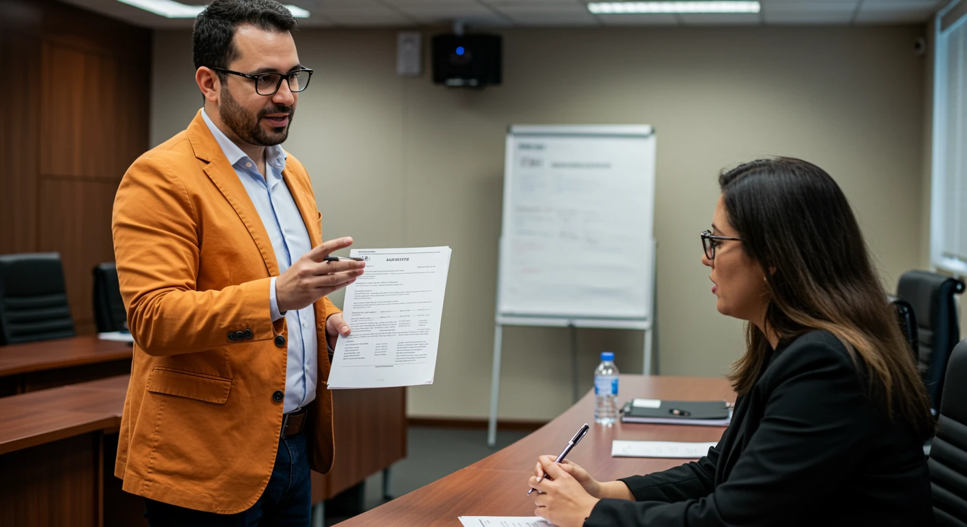 Homem explicando a diferença entre salário e remuneração para uma mulher durante uma conversa em ambiente de escritório.