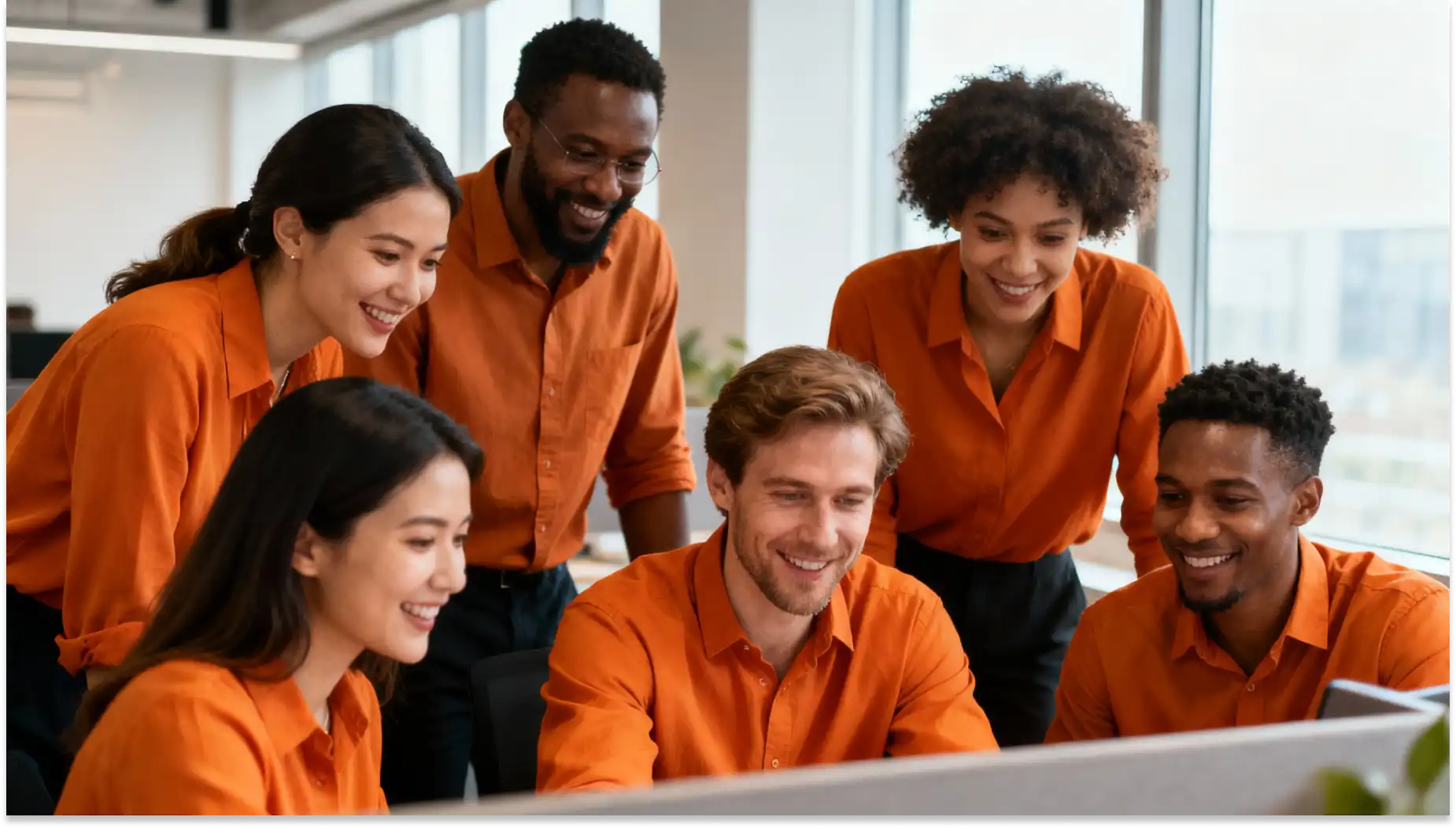 Equipe de colegas de trabalho diversos, com boa inteligência emocional no trabalho, sorrindo e colaborando em uma reunião de negócios na sala de escritório com grandes janelas ao fundo e vista urbana.