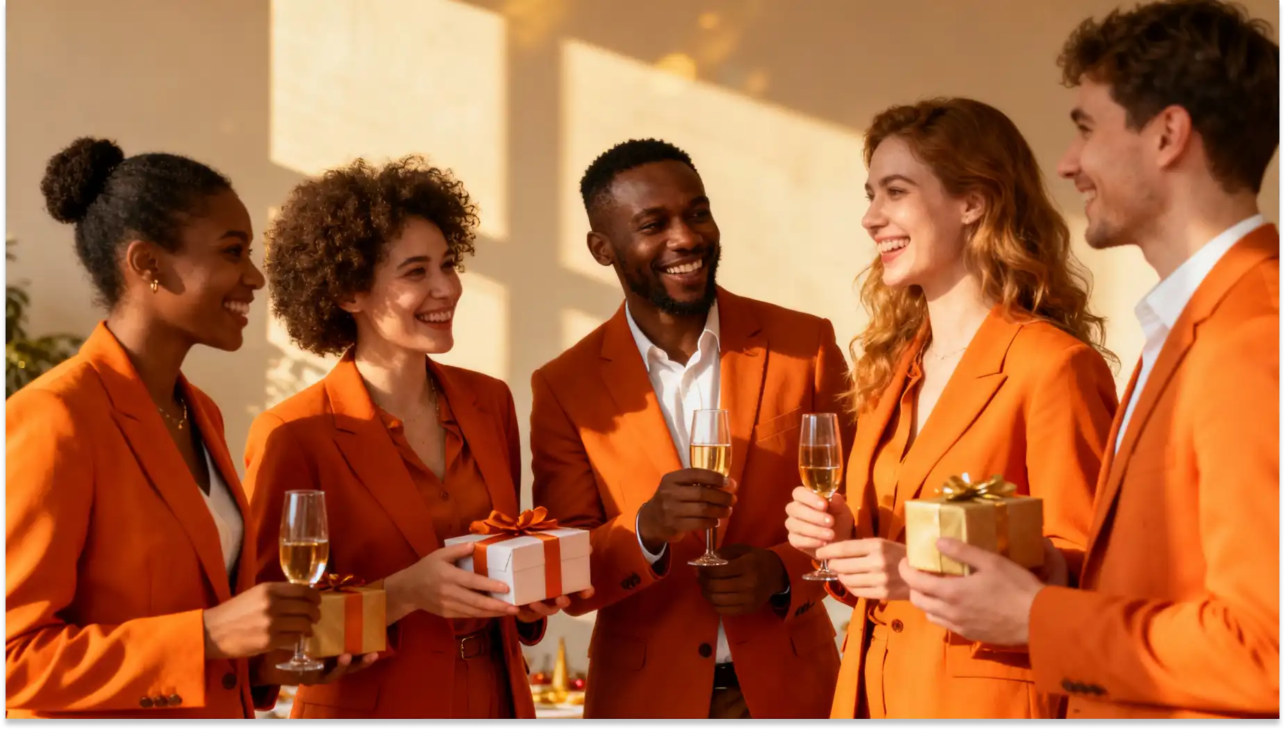 Grupo de pessoas sorrindo em uma celebração, vestindo ternos laranja, segurando taças de champagne e presentes, em ambiente de festa, realizando estratégias de engajamento no fim do ano,