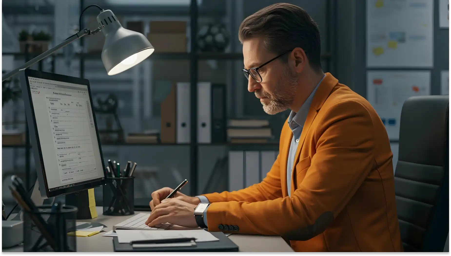 Homem de terno mostarda e óculos, concentrado no CAGED no computador em escritório moderno, com iluminação adequada e organização eficiente.