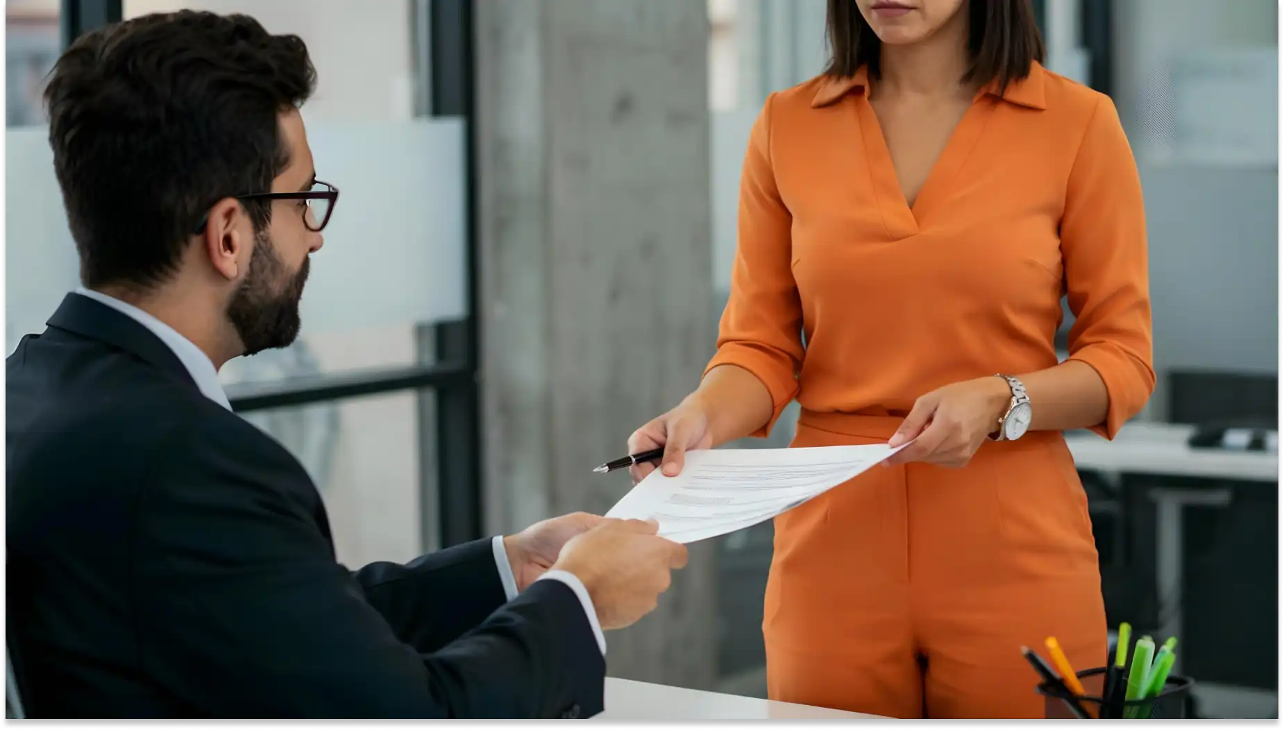 Homem de terno preto recebendo advertência por falta de mulher de roupa laranja em ambiente de escritório moderno.