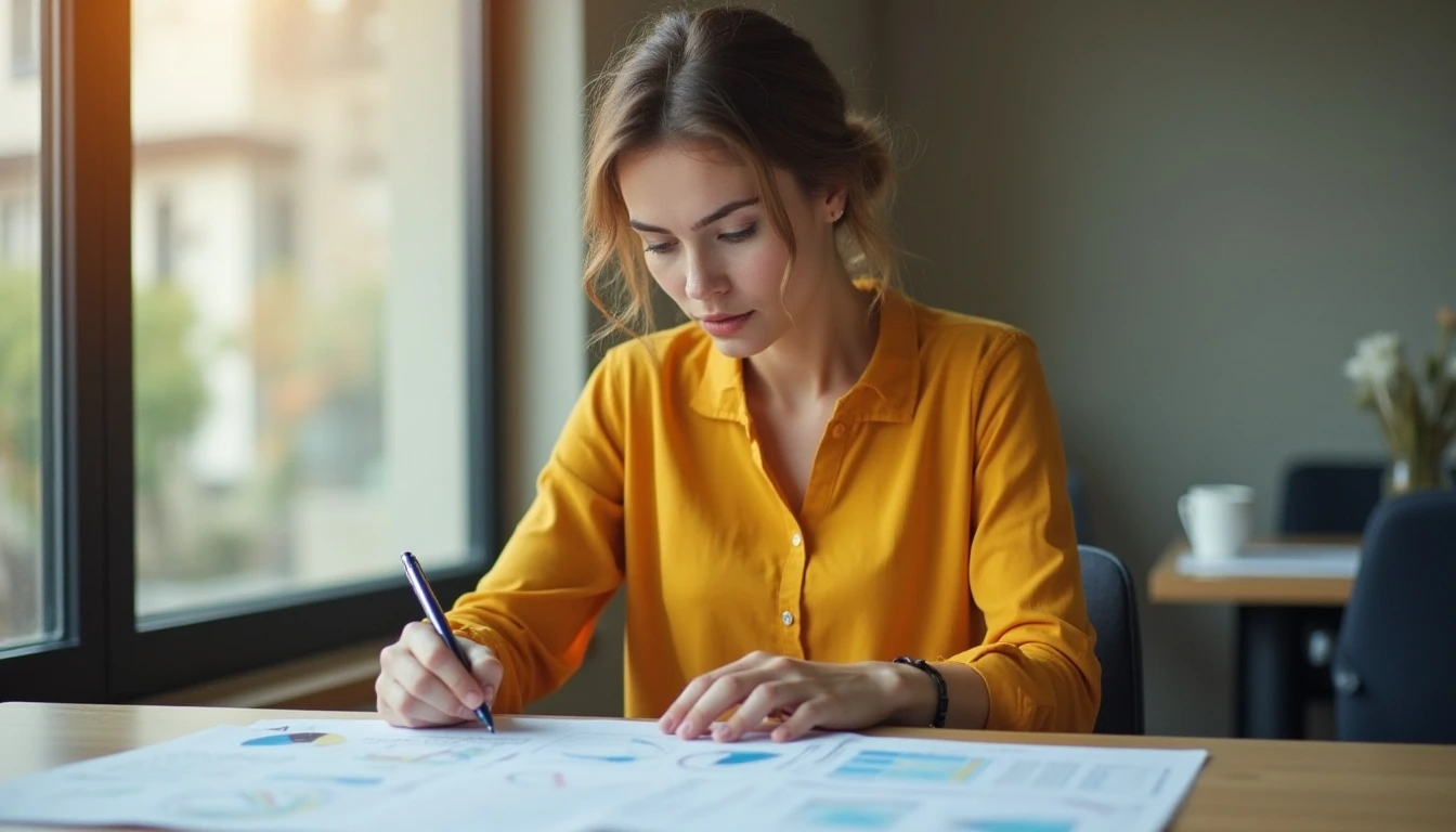 Mulher analisando documentos relacionados ao abono pecuniário, benefício trabalhista que permite ao trabalhador sacar parte das férias adiantadas.