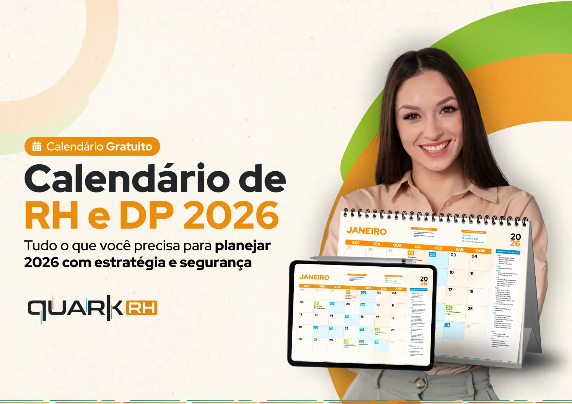 Imagem de uma mulher sorridente segurando um calendário de RH e DP 2026. A imagem promove planejamento estratégico com calendário de RH para 2026.