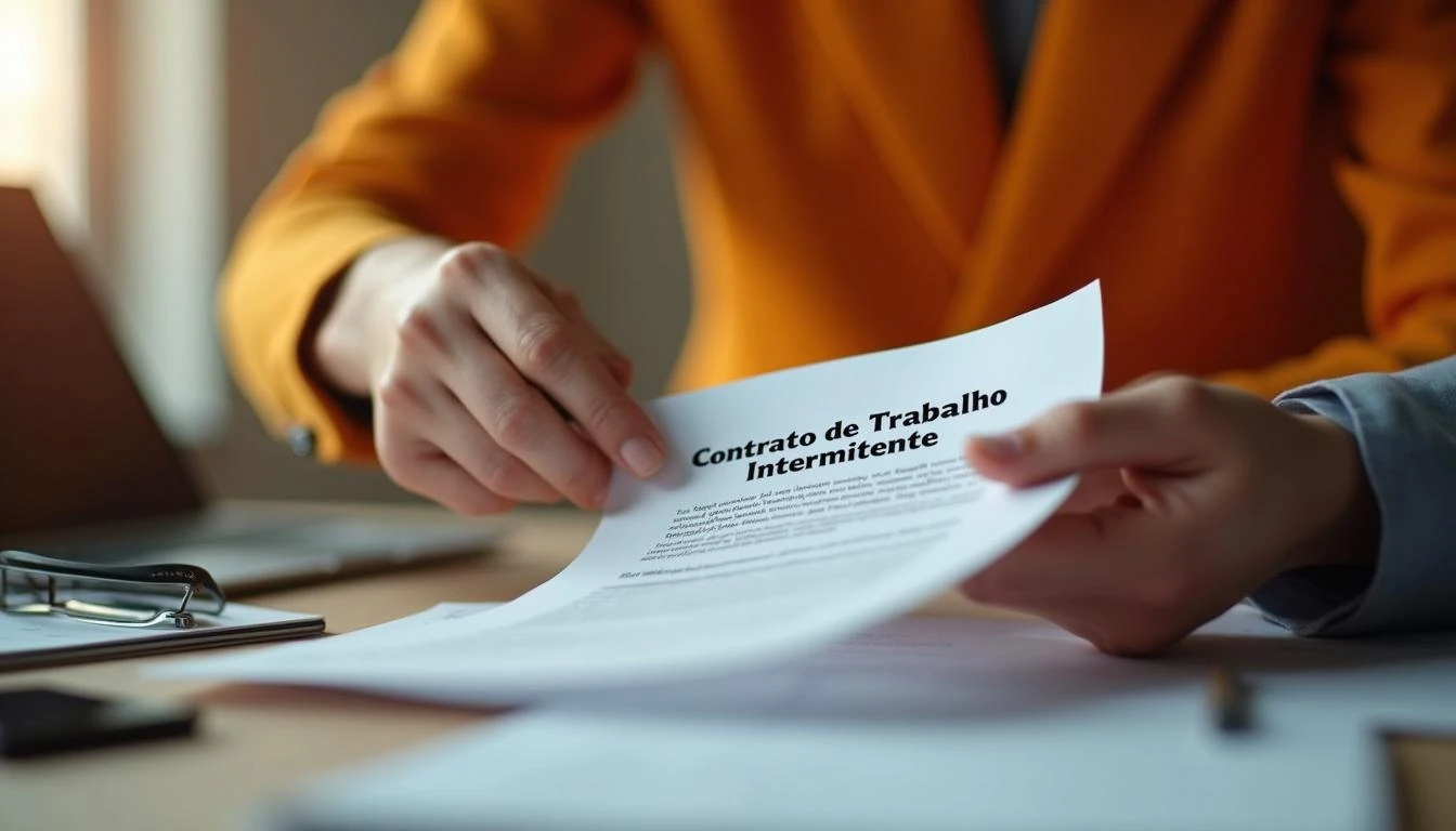Pessoa assinando contrato de trabalho intermitente, destacando as regras, direitos e funcionamento do trabalho intermitente no Brasil.