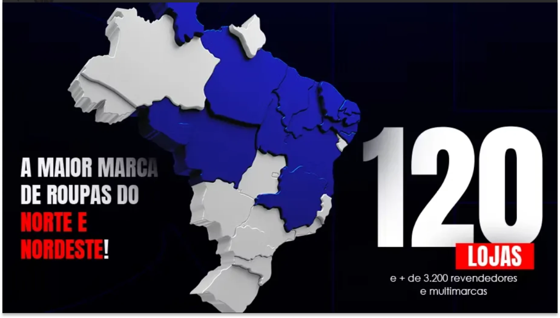 Mapa do Brasil destacando as regiões Norte e Nordeste onde a maior marca de roupas Crosby atua, com 120 lojas, incluindo mais de 3.200 revendedores e multimarcas.