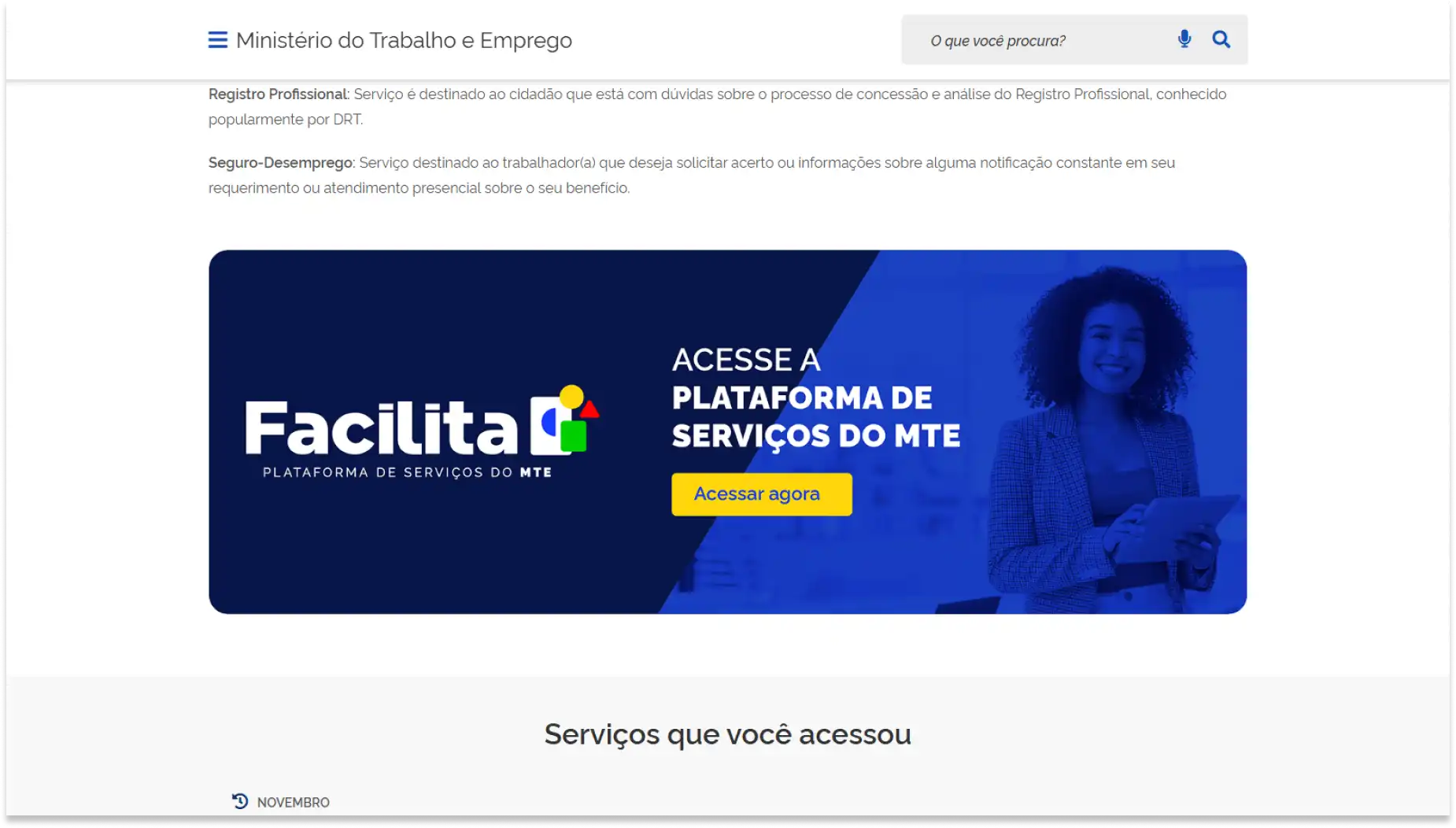 Página do Ministério do Trabalho e Emprego com destaque para o novo canal digital Facilita Brasil e para a plataforma de serviços do MTE e botão para acessar agora. Imagem relacionada ao acesso a serviços do governo.