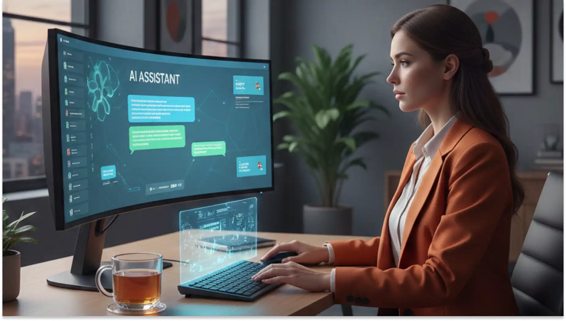 Mulher usando o ChatGPT em um computador de última geração em um escritório moderno, promovendo o uso de inteligência artificial no trabalho.