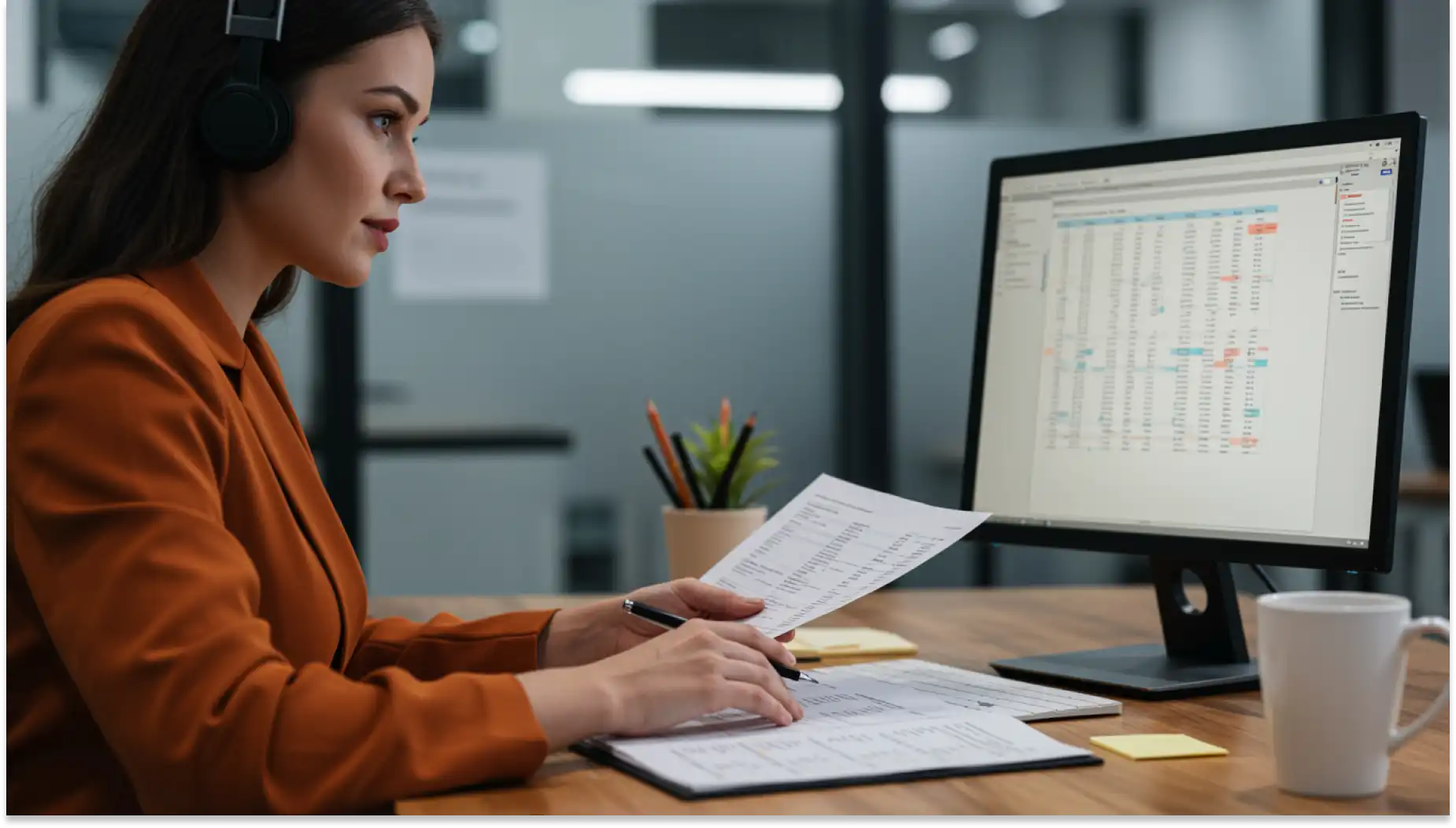 Mulher de negócios analisando dados de planejamento estratégico em um escritório moderno, usando fones de ouvido e concentrada na planilha exibida na tela do computador