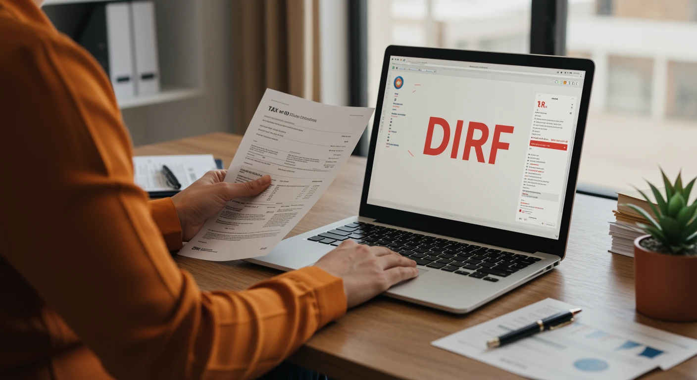 Pessoa analisando documento de declaração DIRF no computador, explicando o que é, quem declara, mudanças recentes e como fazer a declaração corretamente.