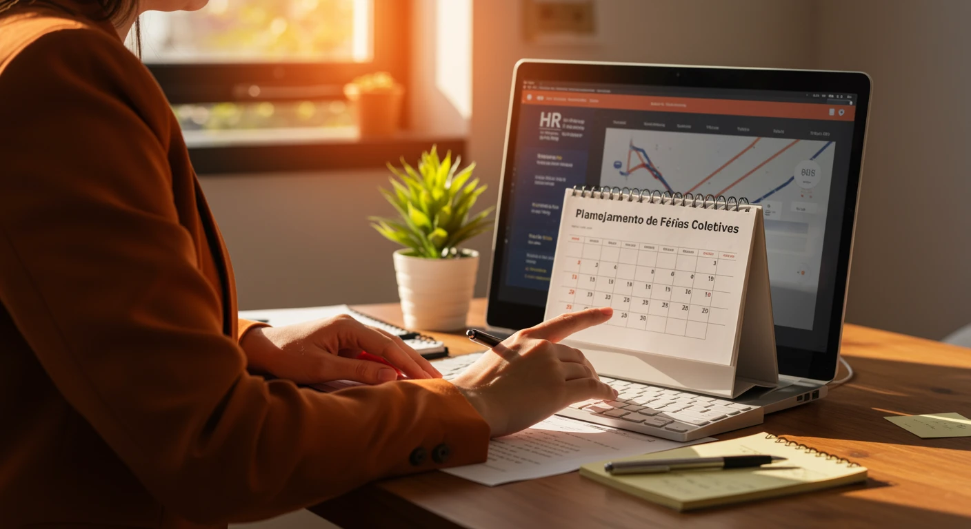 Pessoa planejando férias coletivas usando computador e calendário, destacando regras, cálculo, prazos e funcionamento das férias coletivas.