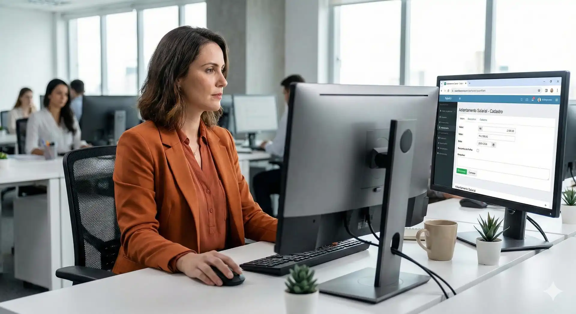 Profissional de escritório explicando adiantamento salarial usando sistema digital, em ambiente de trabalho moderno, com foco nas regras da CLT.