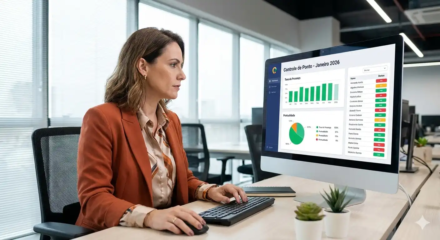 Mulher analisando dados de controle de ponto em computador para otimizar a assiduidade no trabalho
