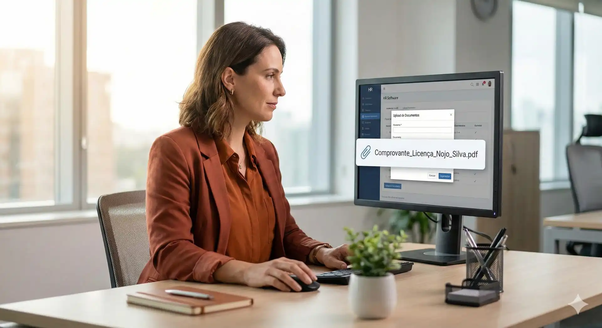 Mulher utilizando computador no escritório com destaque para o arquivo de licença nojo.