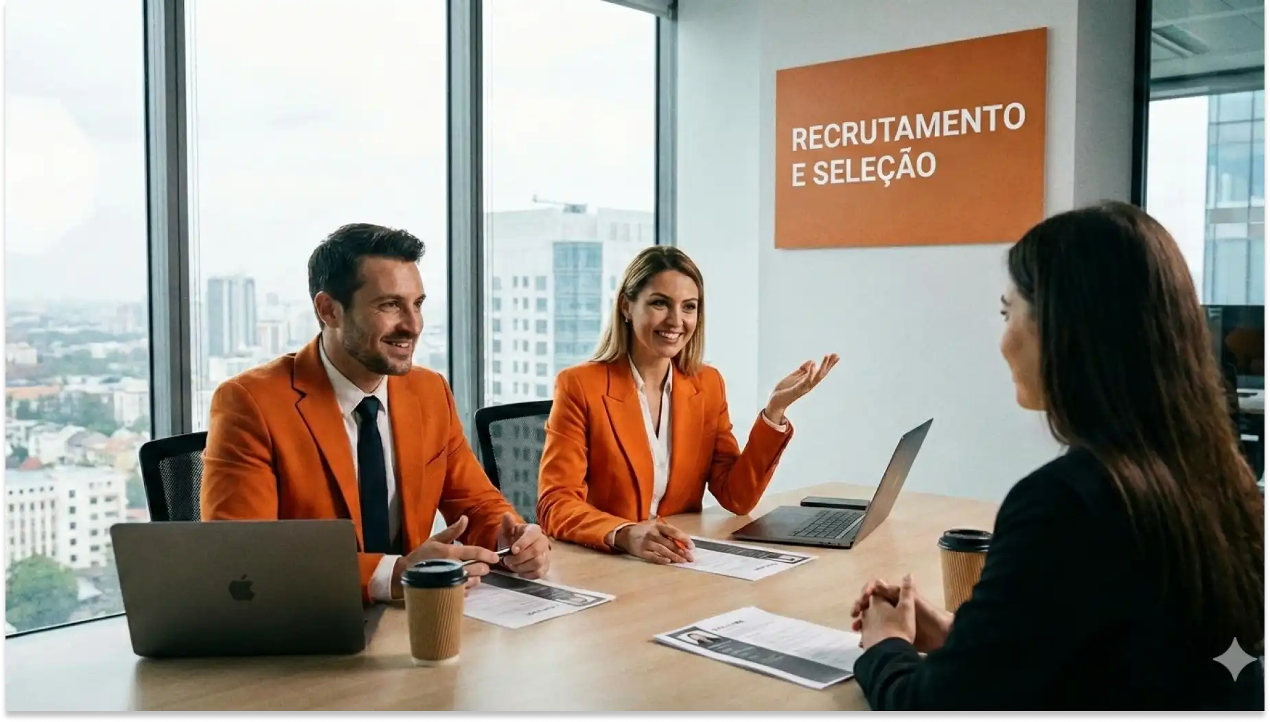 Entrevista com novas tendências de recrutamento e seleção com profissionais sorridentes em uma sala de reunião com vista para a cidade.