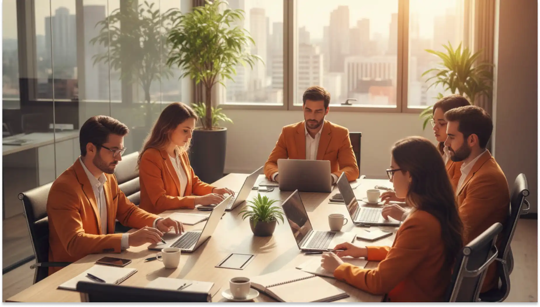 Reunião de equipe moderna sobre Gestão de tempo em escritório com vista para a cidade, pessoas de terno executando trabalho colaborativo com laptops e tablets, iluminação natural.