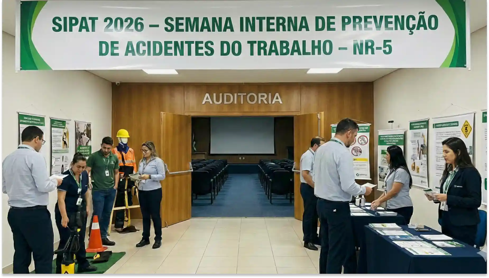 Participantes na Semana Interna de Prevenção de Acidentes do Trabalho na sala de auditório, destacando a importância da segurança no ambiente de trabalho, promovendo conscientização sobre prevenção de acidentes.