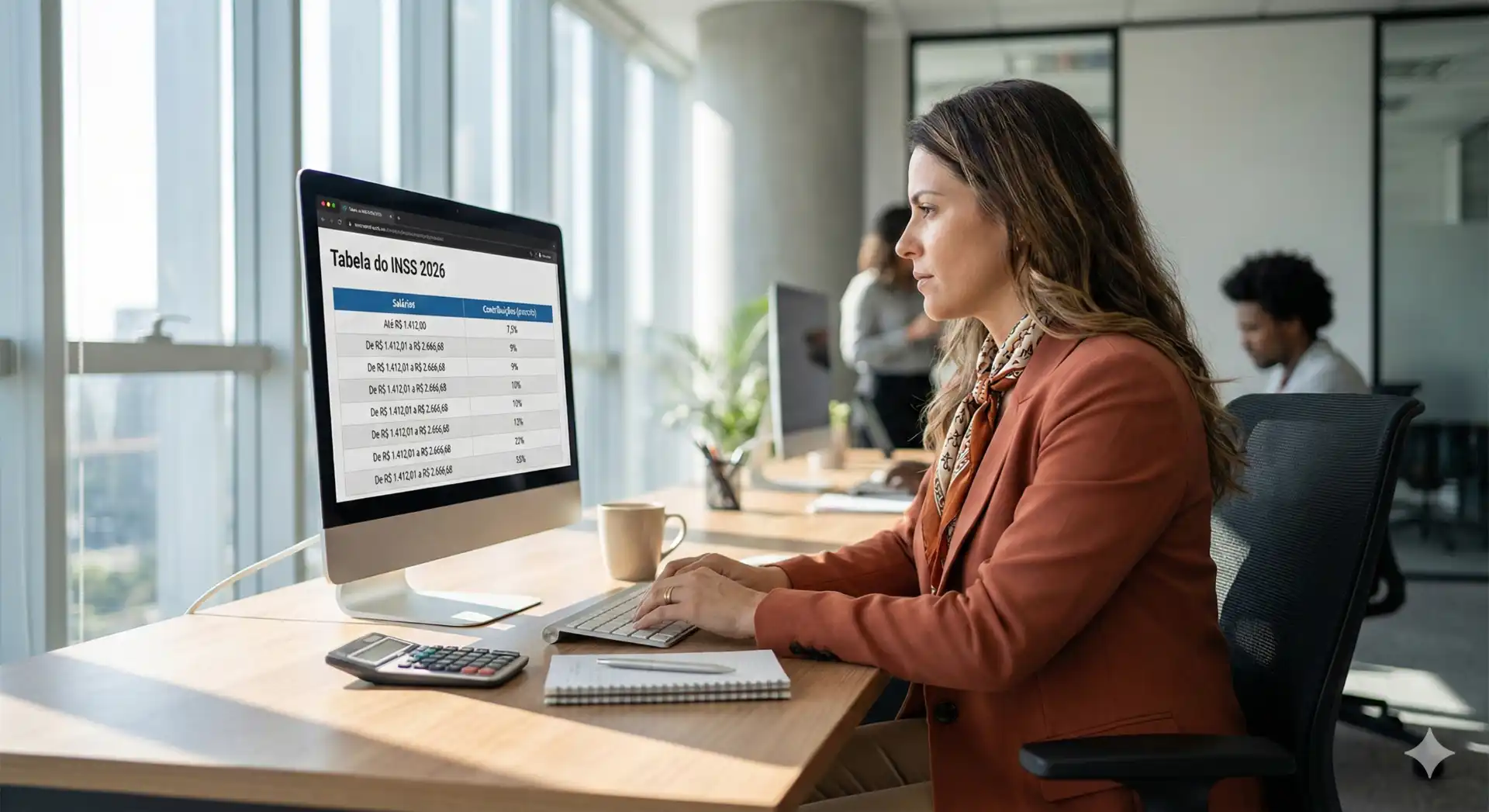 Mulher analisando tabela do INSS 2026 em computador no escritório, com foco nos valores, faixas e cálculos para o benefício social.