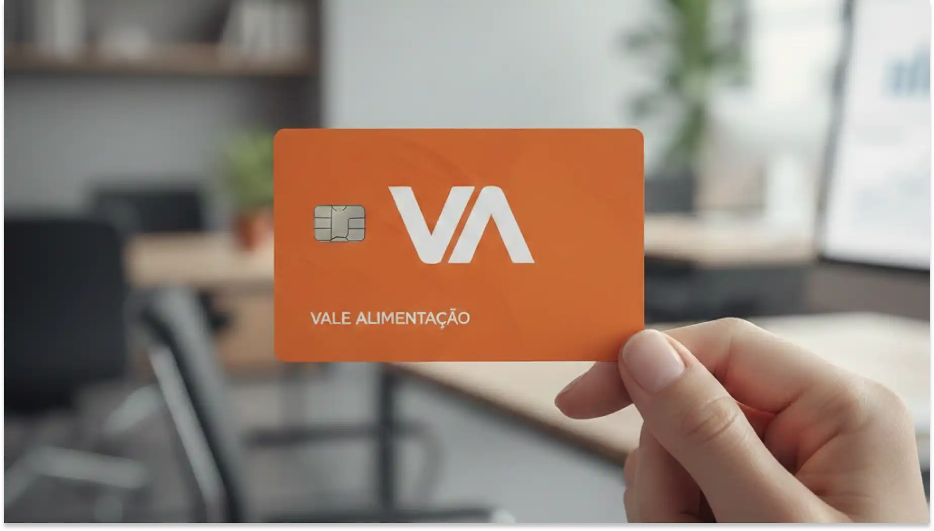 Pessoa segurando um cartão de vale alimentação na frente de um escritório moderno, destacando a importância do benefício para vale-alimentação e bem-estar.