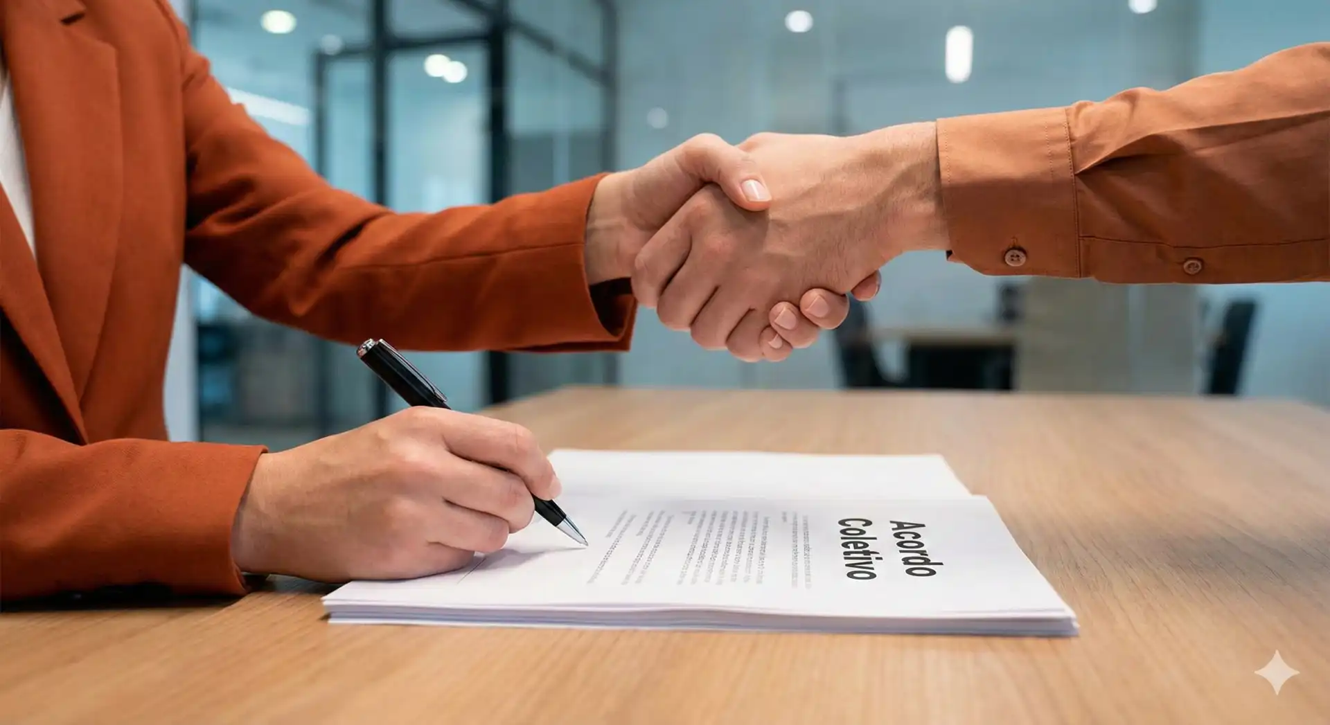 Imagem de duas pessoas apertando as mãos durante assinatura de acordo coletivo de trabalho, simbolizando negociações e regras trabalhistas.