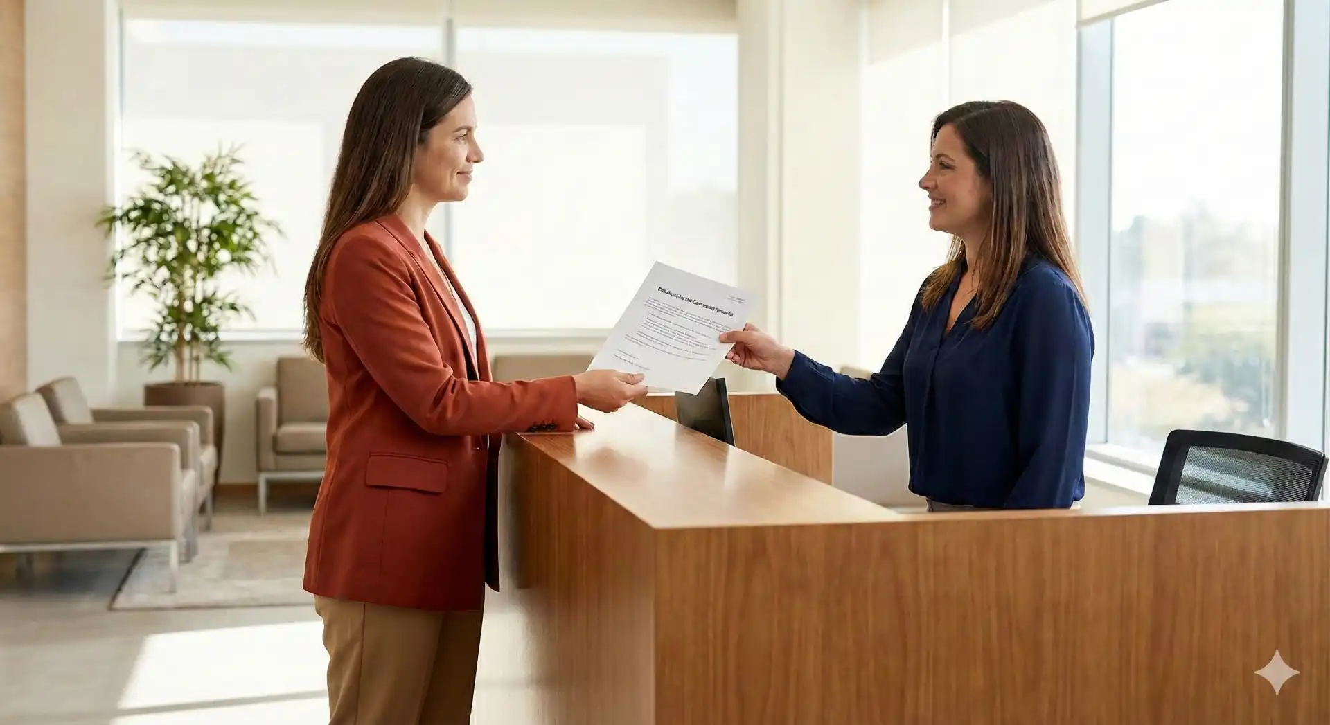 Mulher entregando declaração de comparecimento a outra mulher no balcão de um escritório, relacionado ao tema "Declaração de comparecimento: o que é, leis e exemplos".