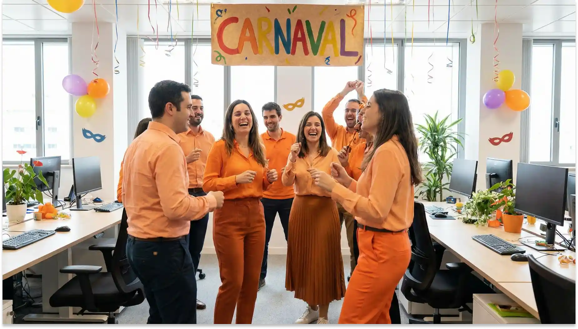 Grupo de pessoas comemorando o carnaval no escritório, decorado com bexigas coloridas e um banner, mostrando alegria e espírito festivo.