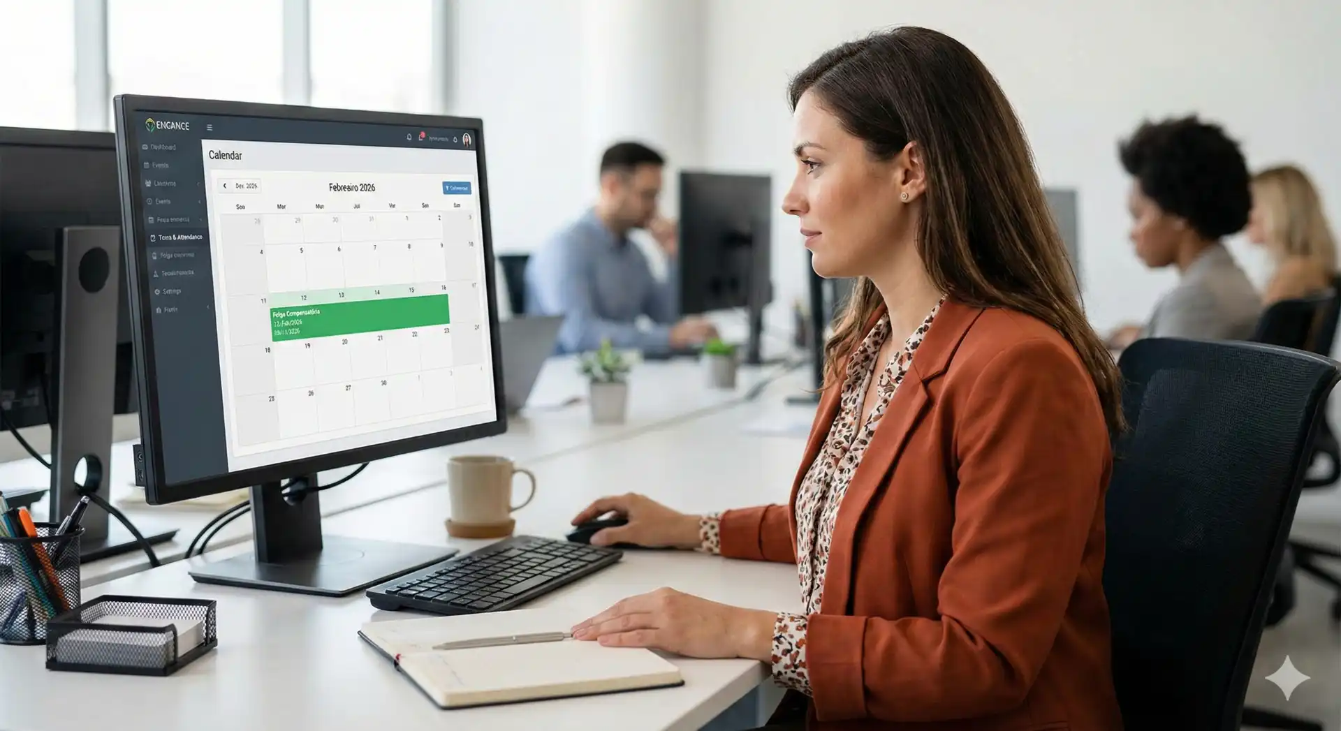 Pessoa trabalhando em escritório com computador mostrando um calendário de fevereiro de 2023, enfatizando informações sobre folga compensatória segundo a CLT.