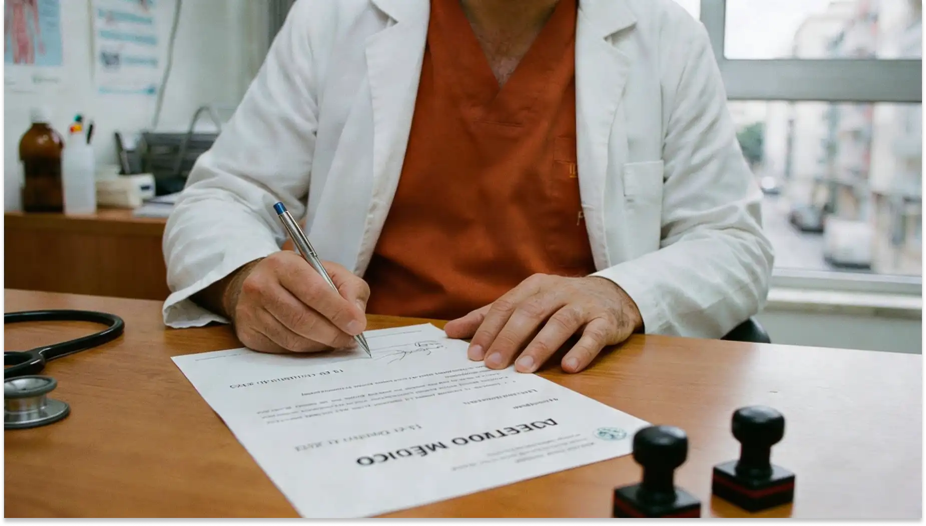 Médico assinando um documento no consultório, simbolizando autorização ou atestado médico, com carimbo e selos sobre a mesa.